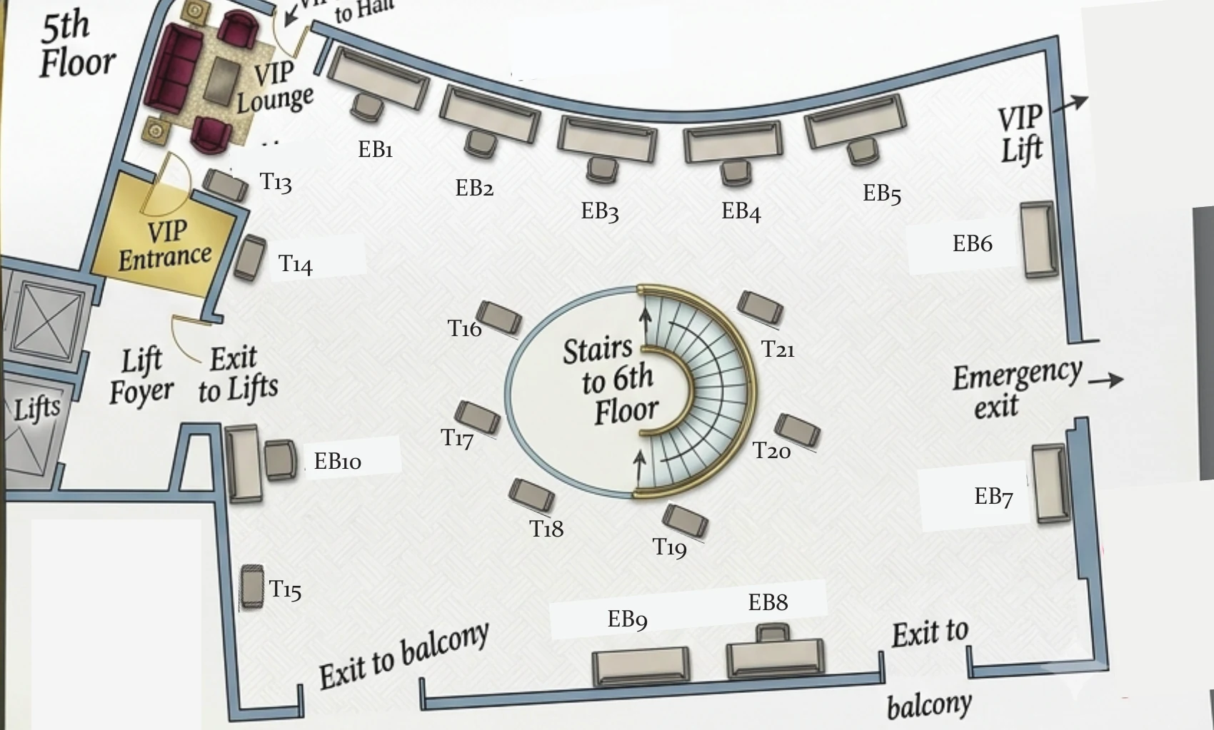 5th floor plan of the hall, showing stands EB1 to T21