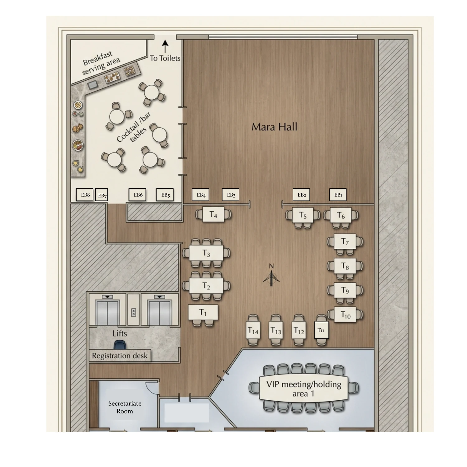 Mara Hall plan of the hall, showing stands EB1 to T14