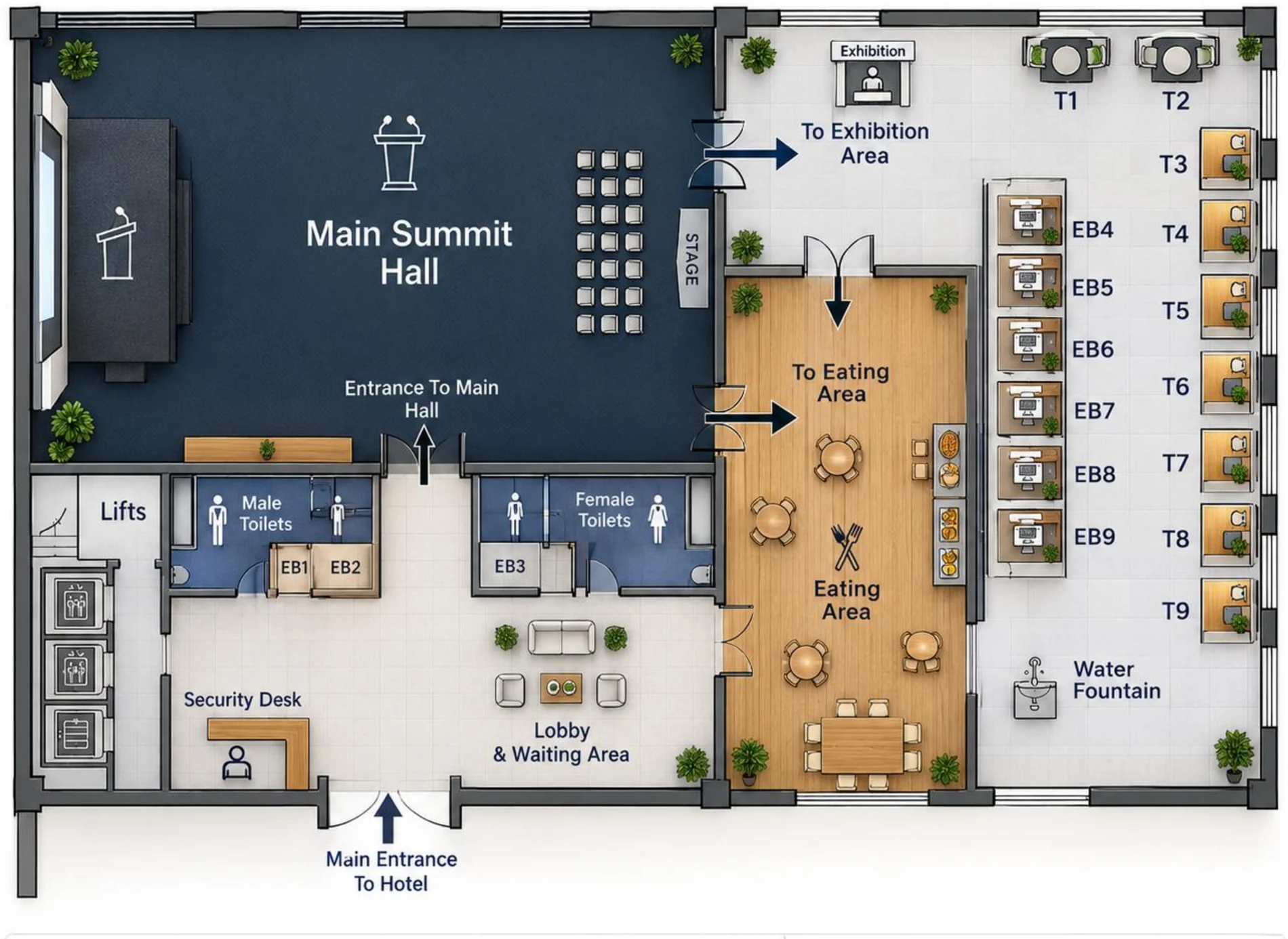 Pride Hall plan of the hall, showing stands EB1 to T9