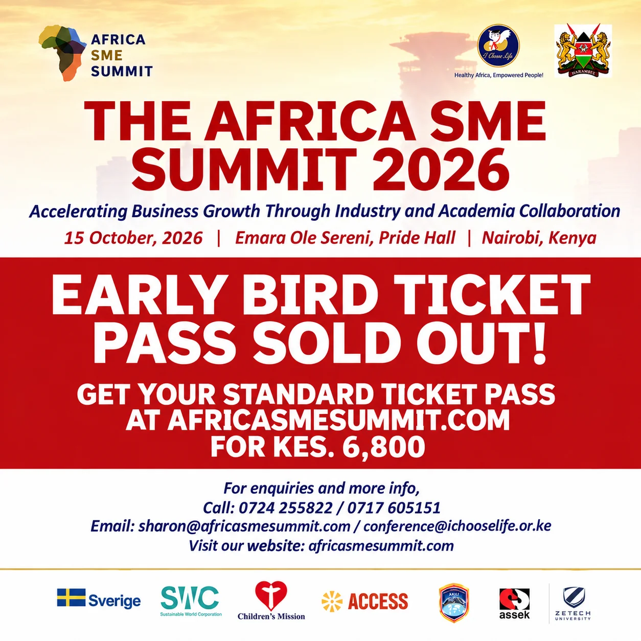 Africa SME Summit 2026 flyer: the early bird ticket pass is sold out, with standard tickets available at africasmesummit.com for KES 6,800.